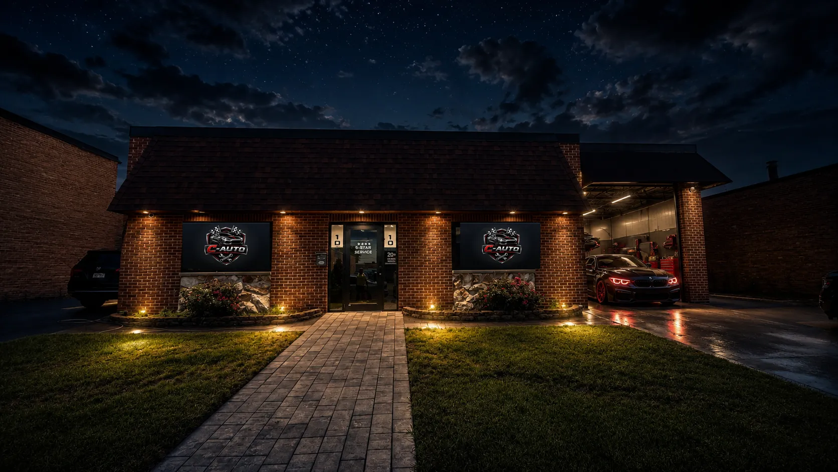C-Auto Inc. collision & auto body shop in Schaumburg, Illinois at night